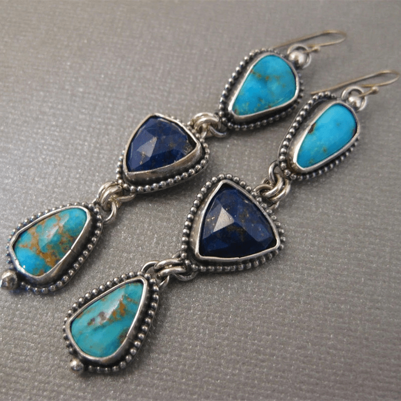 Boho Style Synthetic Lapis & Turquoise Dangle Earrings